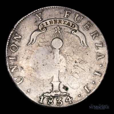 Chile, 1 Peso 1834 IJ. Contramarca de Filipinas.